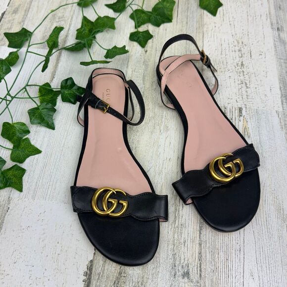 Gucci Double G Sandals Flat Black Leather Interlocking GG Size 37 - Picture 1 of 8